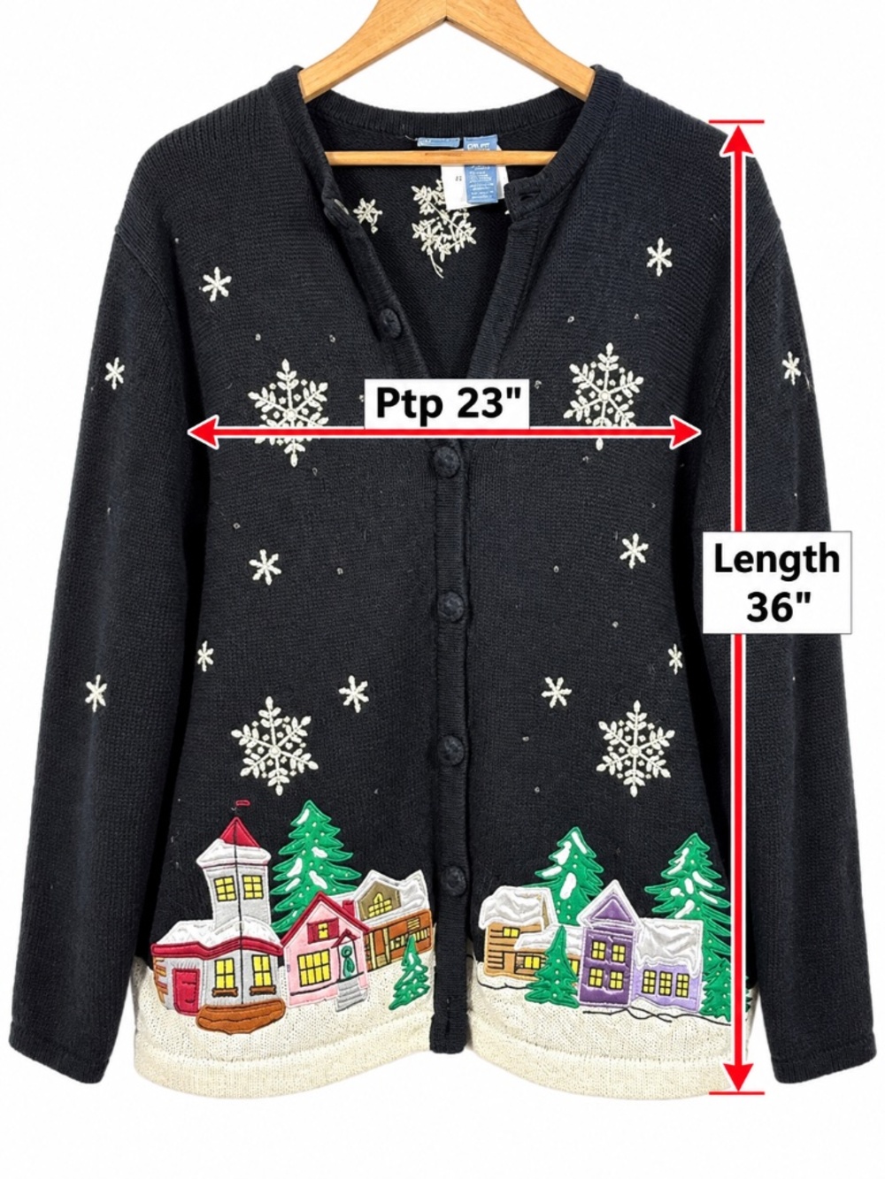 Embroidered Vintage Winter Village Christmas cardigan- 1990s/2000s - Picture 4 of 4